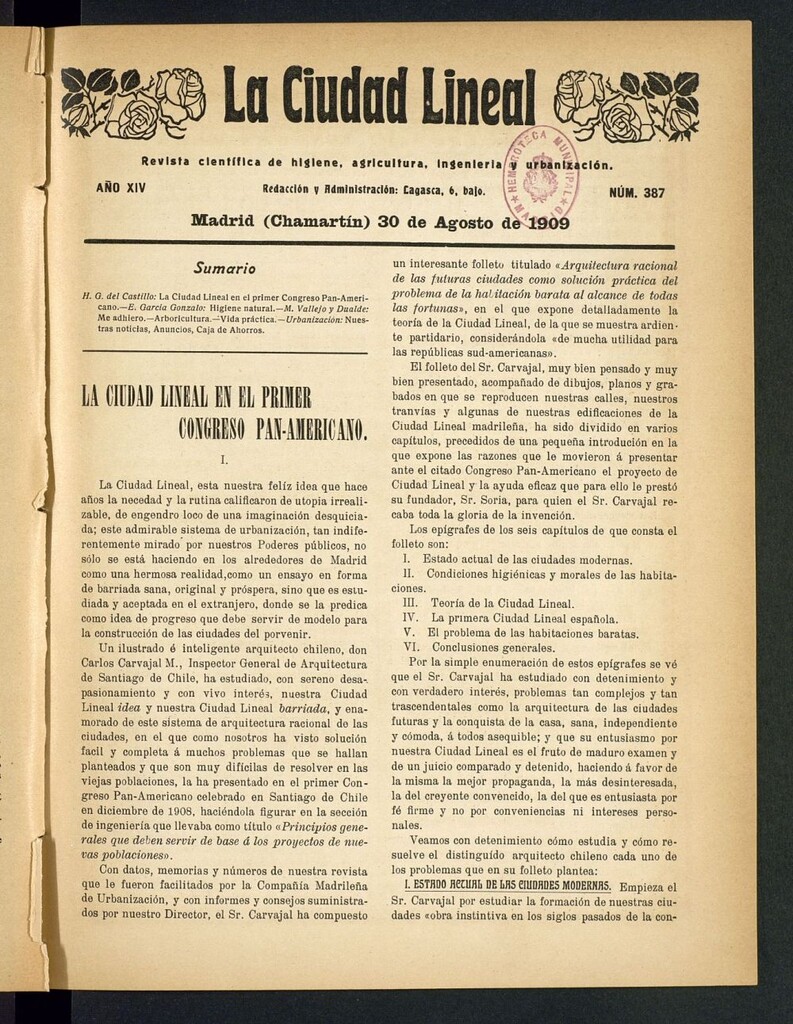 Miniatura de La Ciudad Lineal : órgano oficial de la Compañía Madrileña de Urbanización del 30 de agosto de 1909