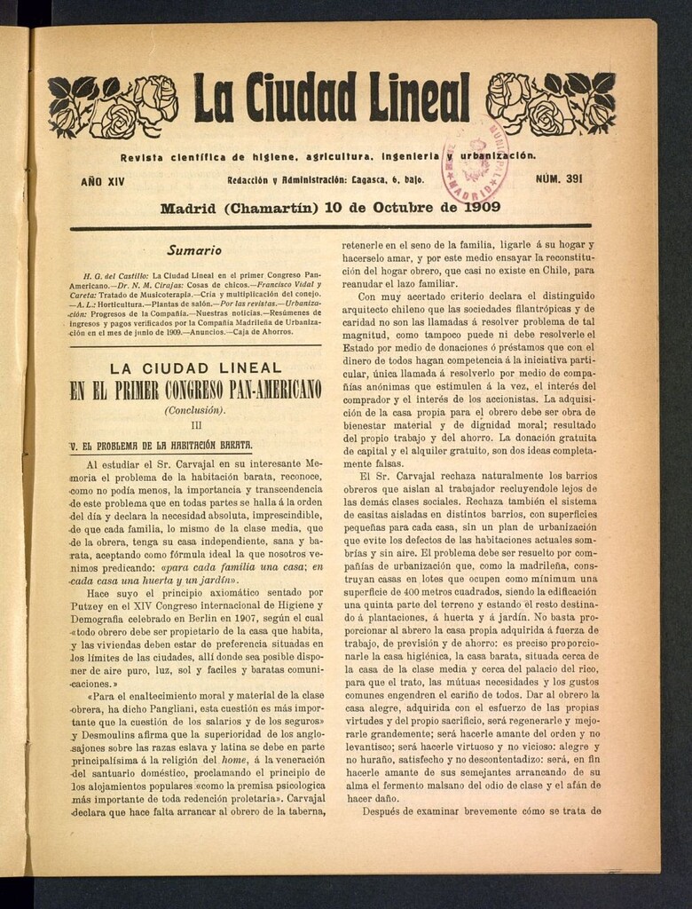 Miniatura de La Ciudad Lineal : órgano oficial de la Compañía Madrileña de Urbanización del 10 de octubre de 1909