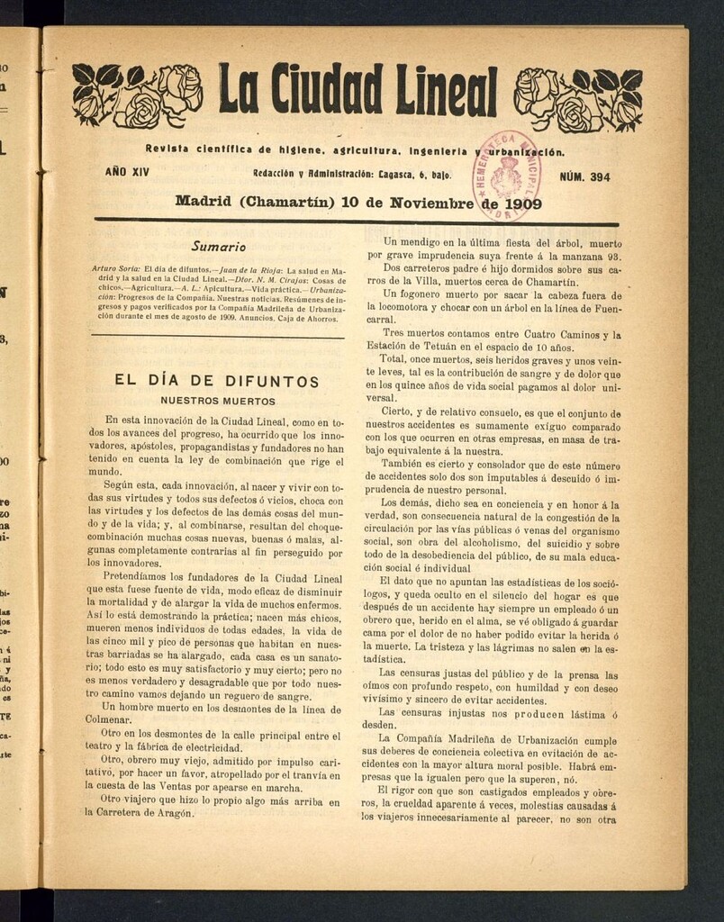 Miniatura de La Ciudad Lineal : órgano oficial de la Compañía Madrileña de Urbanización del 10 de noviembre de 1909