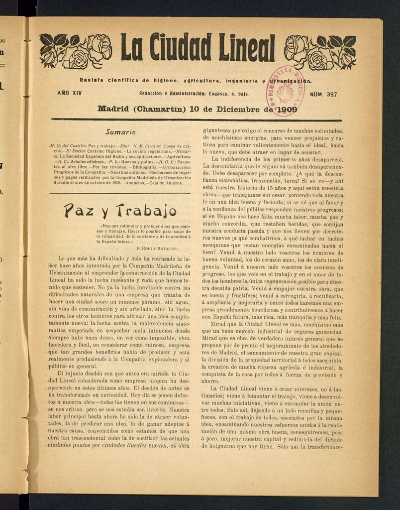 Miniatura de La Ciudad Lineal : órgano oficial de la Compañía Madrileña de Urbanización del 10 de diciembre de 1909