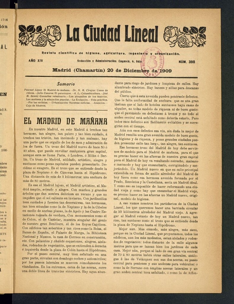 Miniatura de La Ciudad Lineal : órgano oficial de la Compañía Madrileña de Urbanización del 20 de diciembre de 1909