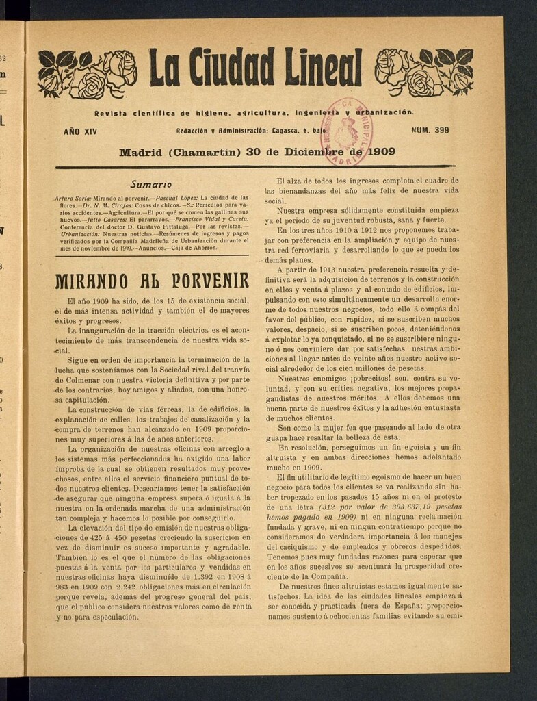 Miniatura de La Ciudad Lineal : órgano oficial de la Compañía Madrileña de Urbanización del 30 de diciembre de 1909
