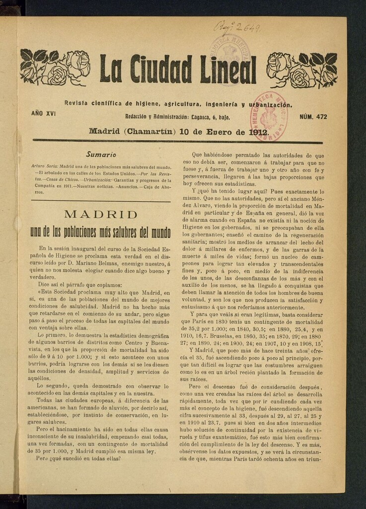 Miniatura de La Ciudad Lineal : órgano oficial de la Compañía Madrileña de Urbanización del 10 de enero de 1912