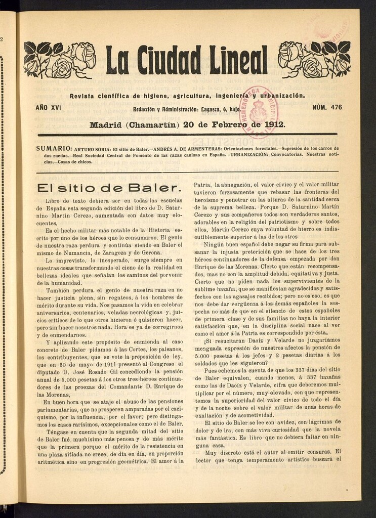 Miniatura de La Ciudad Lineal : órgano oficial de la Compañía Madrileña de Urbanización del 20 de febrero de 1912