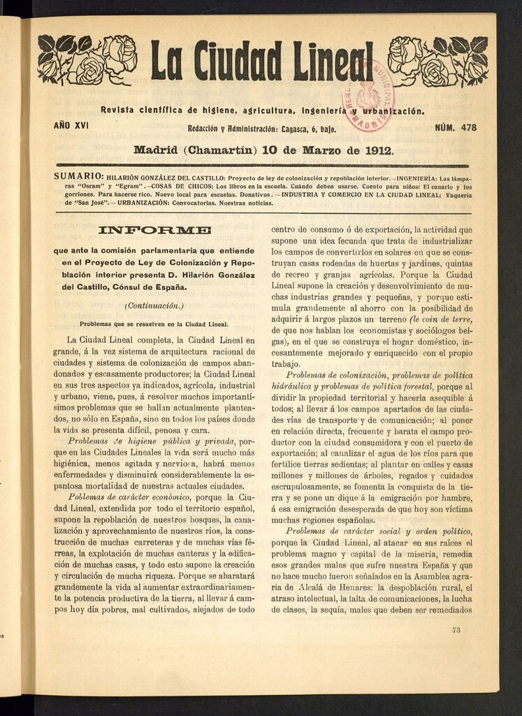 Miniatura de La Ciudad Lineal : órgano oficial de la Compañía Madrileña de Urbanización del 10 de marzo de 1912