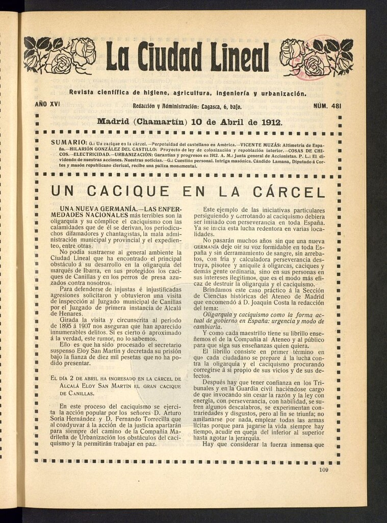 Miniatura de La Ciudad Lineal : órgano oficial de la Compañía Madrileña de Urbanización del 10 de abril de 1912