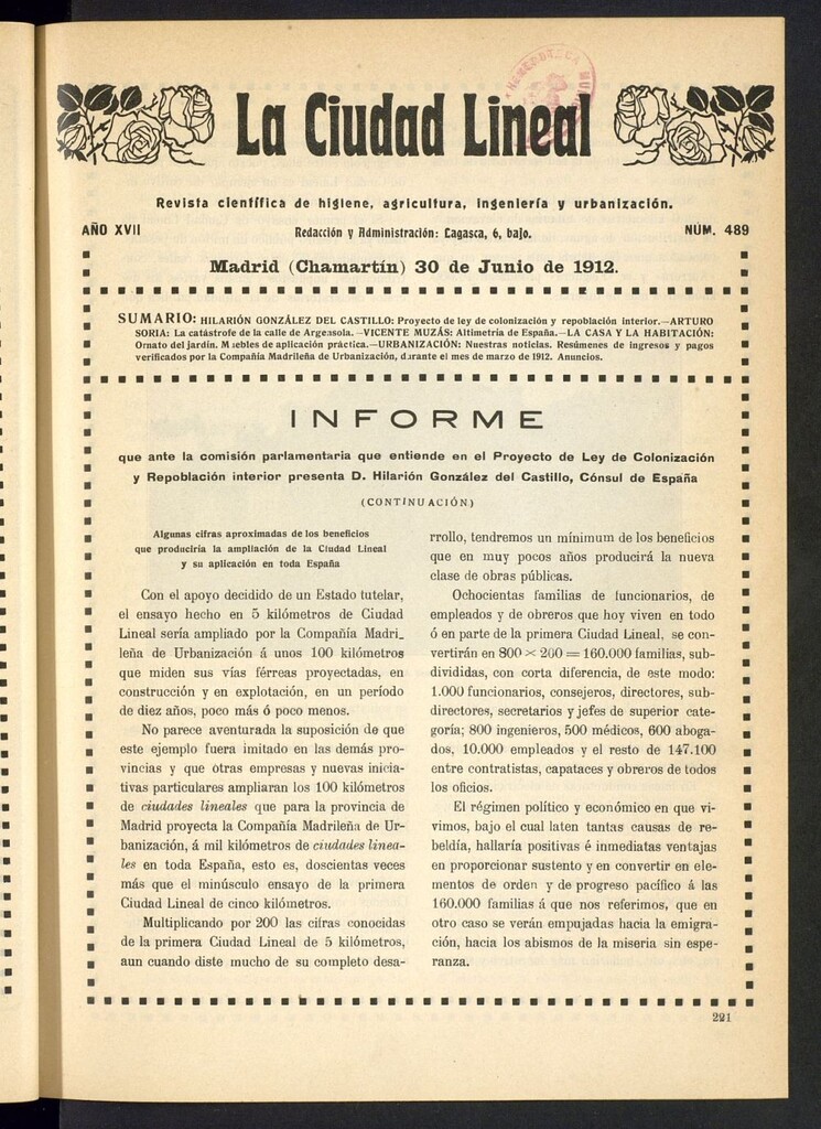 Miniatura de La Ciudad Lineal : órgano oficial de la Compañía Madrileña de Urbanización del 30 de junio de 1912