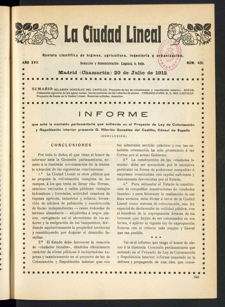 Miniatura de La Ciudad Lineal : órgano oficial de la Compañía Madrileña de Urbanización del 20 de julio de 1912