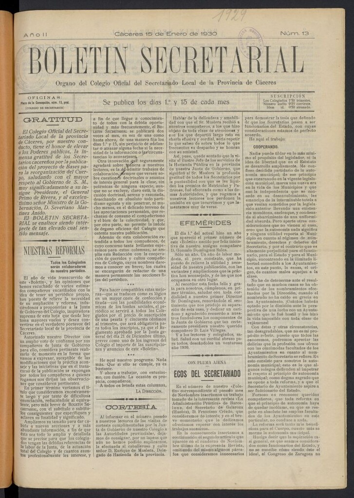 Miniatura de Boletín Secretarial (Cáceres. 1929)