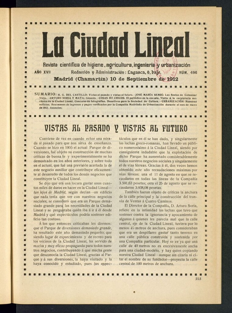 Miniatura de La Ciudad Lineal : órgano oficial de la Compañía Madrileña de Urbanización del 10 de septiembre de 1912