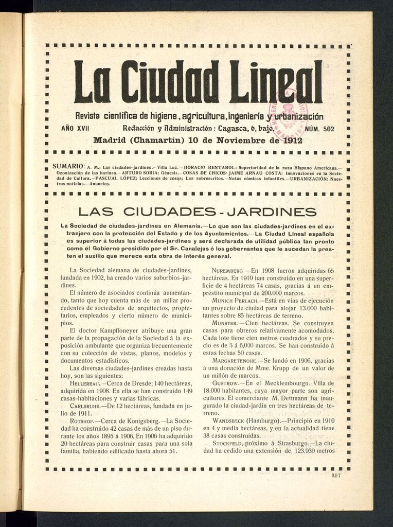 Miniatura de La Ciudad Lineal : órgano oficial de la Compañía Madrileña de Urbanización del 10 de noviembre de 1912