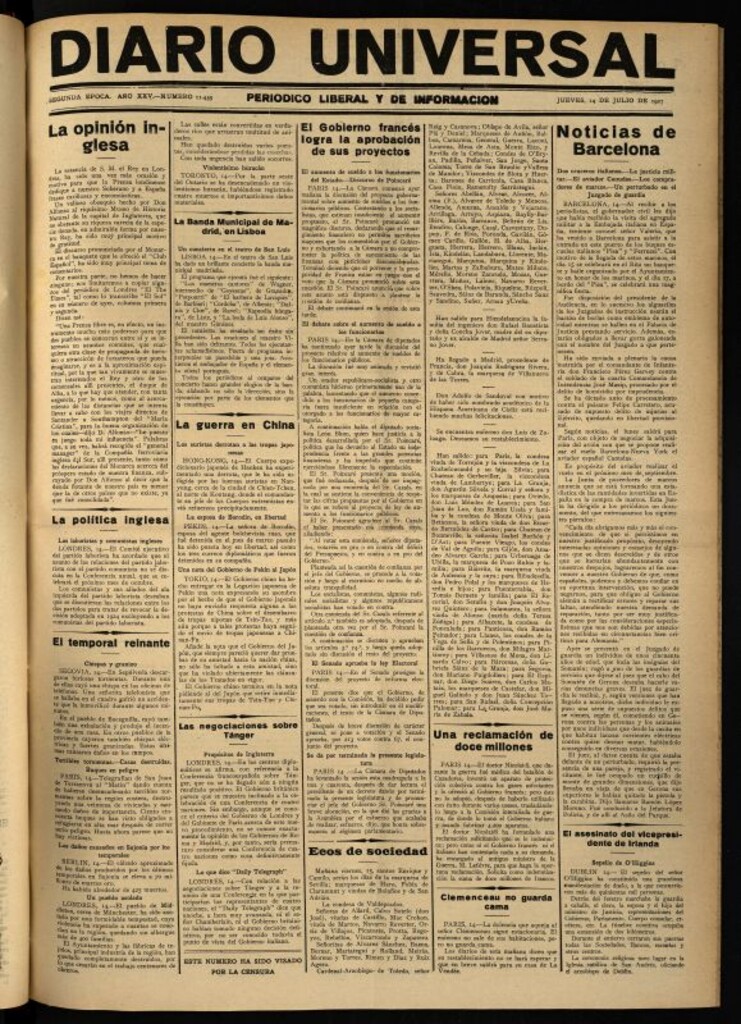 Miniatura de Diario Universal del 14 de julio de 1927