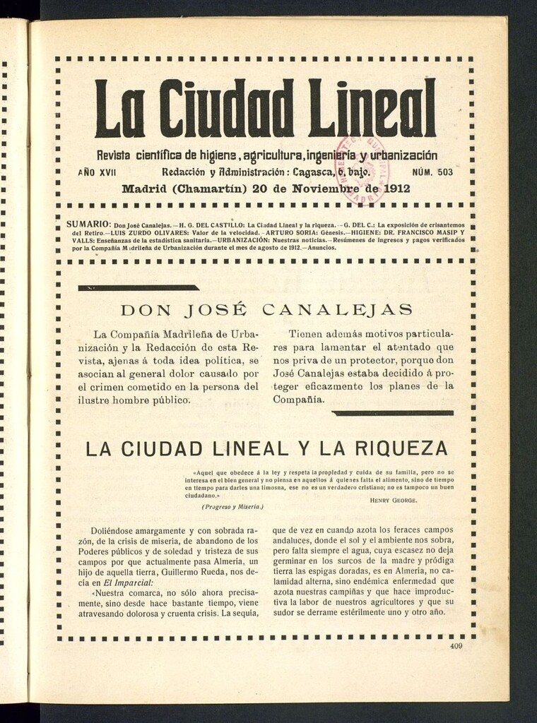 Miniatura de La Ciudad Lineal : órgano oficial de la Compañía Madrileña de Urbanización del 20 de noviembre de 1912