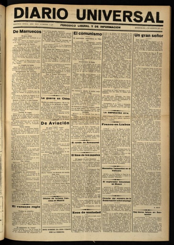 Miniatura de Diario Universal del 3 de agosto de 1927