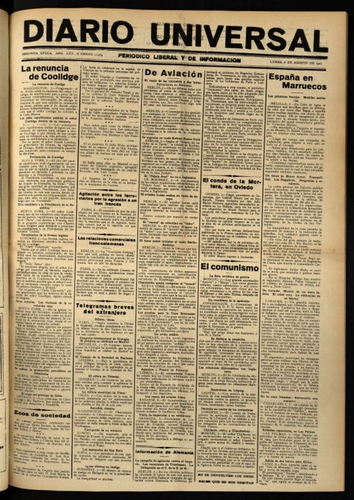 Miniatura de Diario Universal del 8 de agosto de 1927