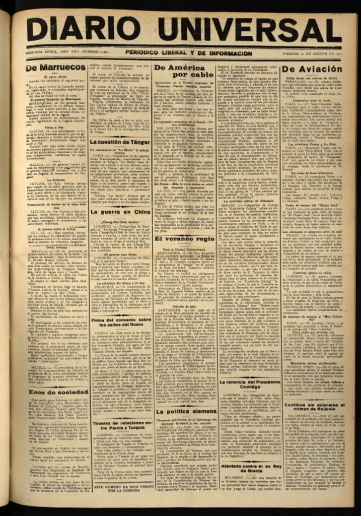 Miniatura de Diario Universal del 12 de agosto de 1927