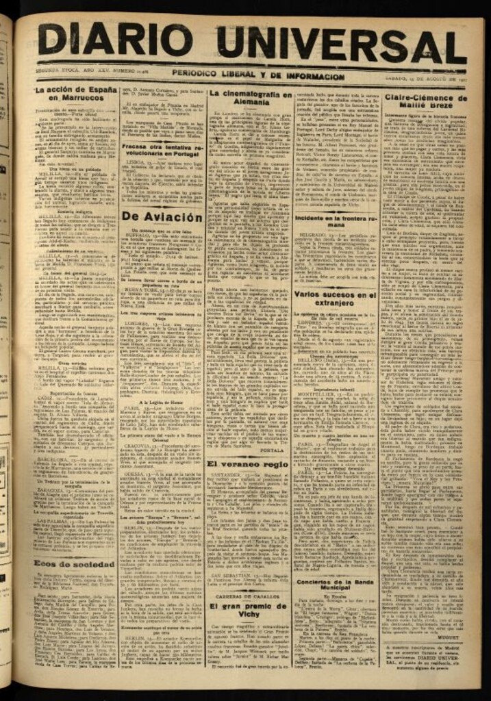 Miniatura de Diario Universal del 13 de agosto de 1927