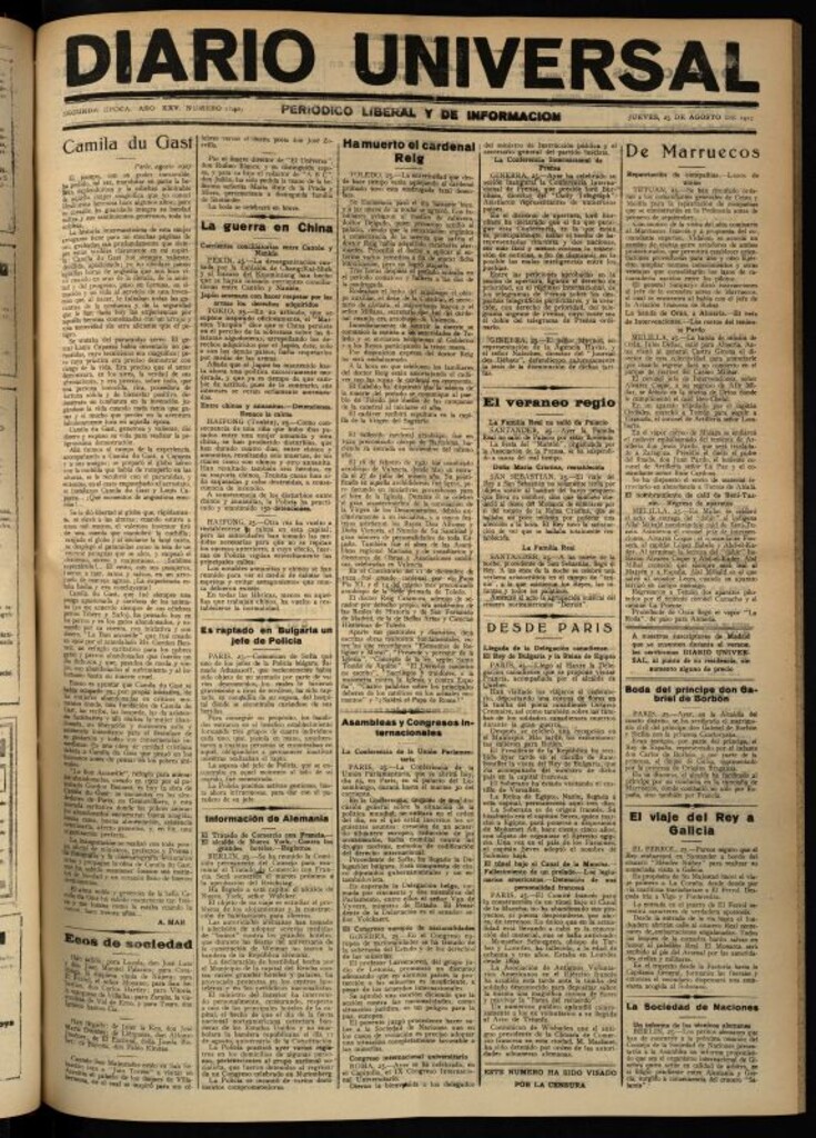 Miniatura de Diario Universal del 25 de agosto de 1927