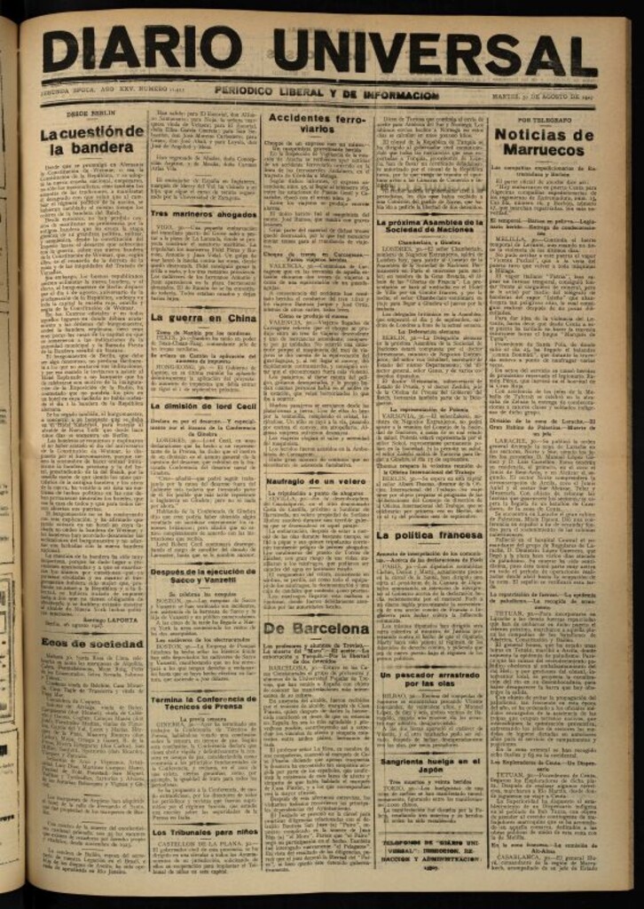 Miniatura de Diario Universal del 30 de agosto de 1927