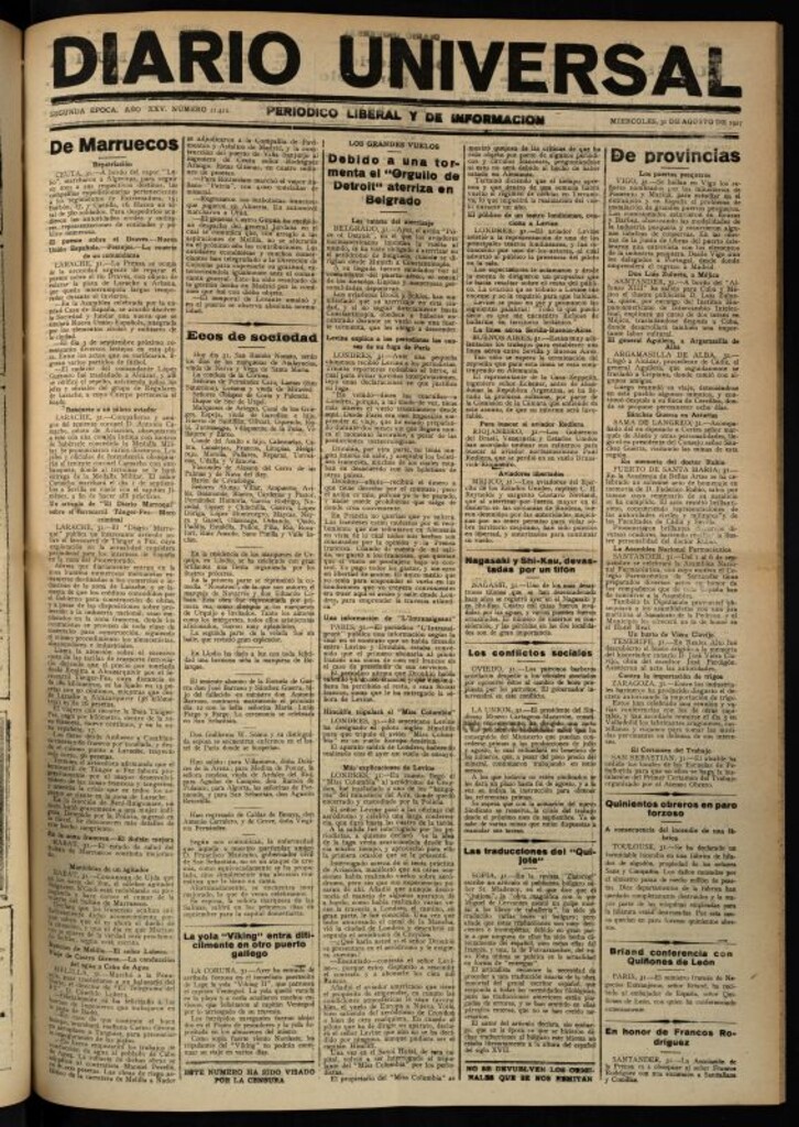 Miniatura de Diario Universal del 31 de agosto de 1927
