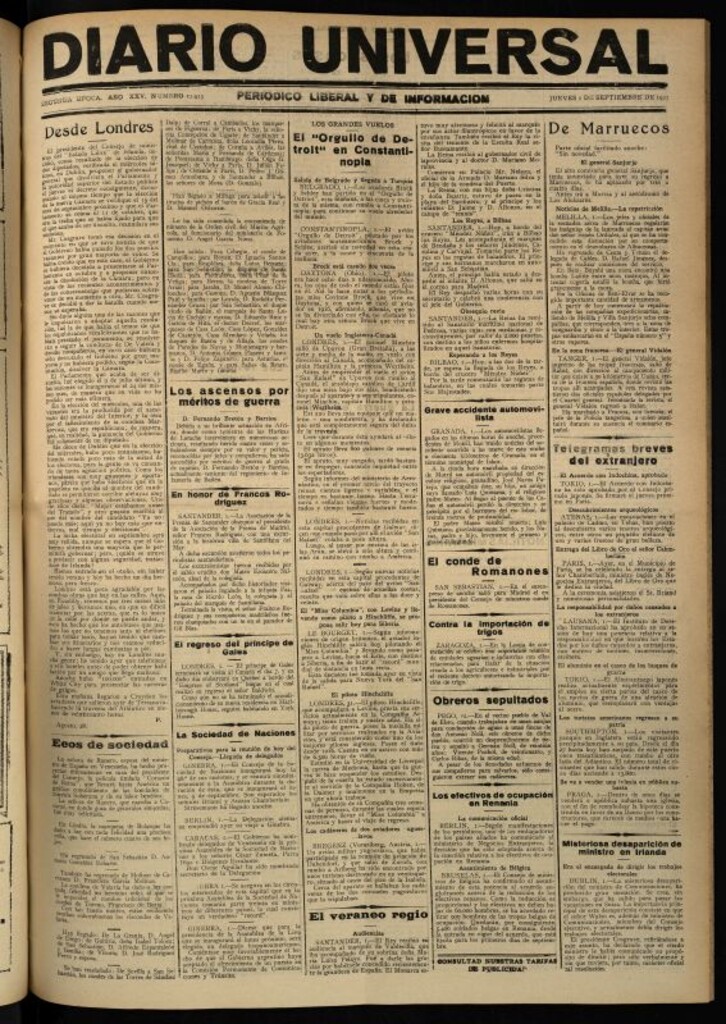 Miniatura de Diario Universal del 1 de septiembre de 1927