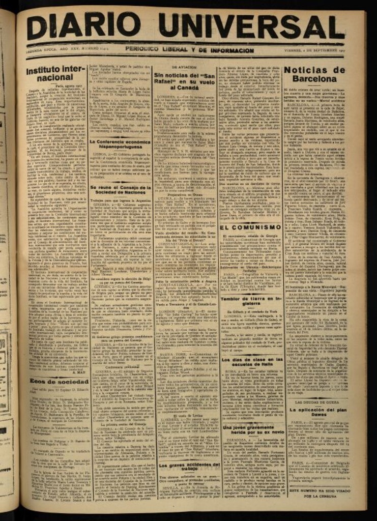 Miniatura de Diario Universal del 2 de septiembre de 1927