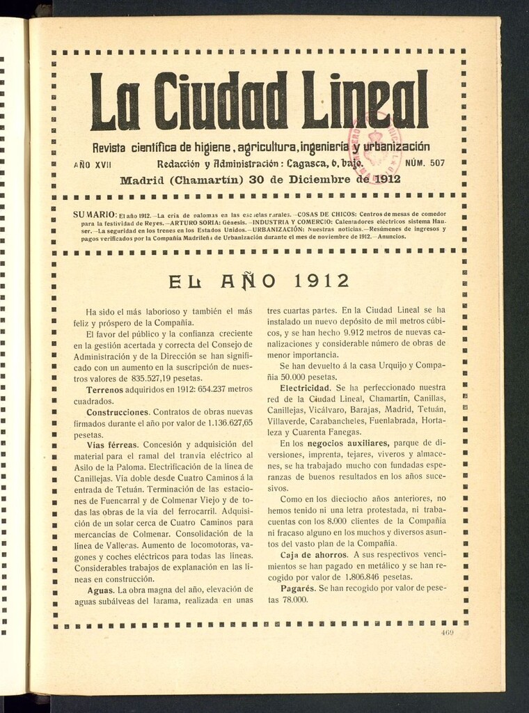 Miniatura de La Ciudad Lineal : órgano oficial de la Compañía Madrileña de Urbanización del 30 de diciembre de 1912