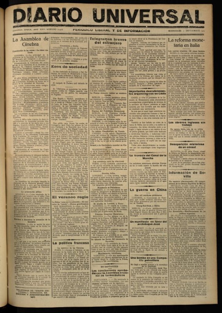 Miniatura de Diario Universal del 7 de septiembre de 1927