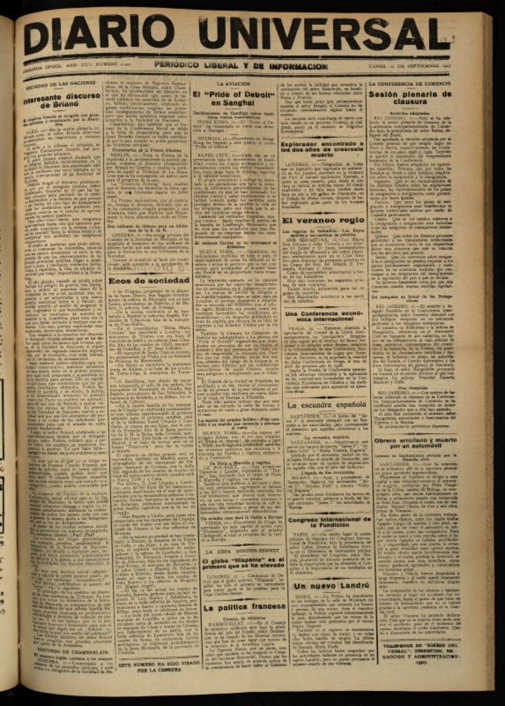 Miniatura de Diario Universal del 12 de septiembre de 1927