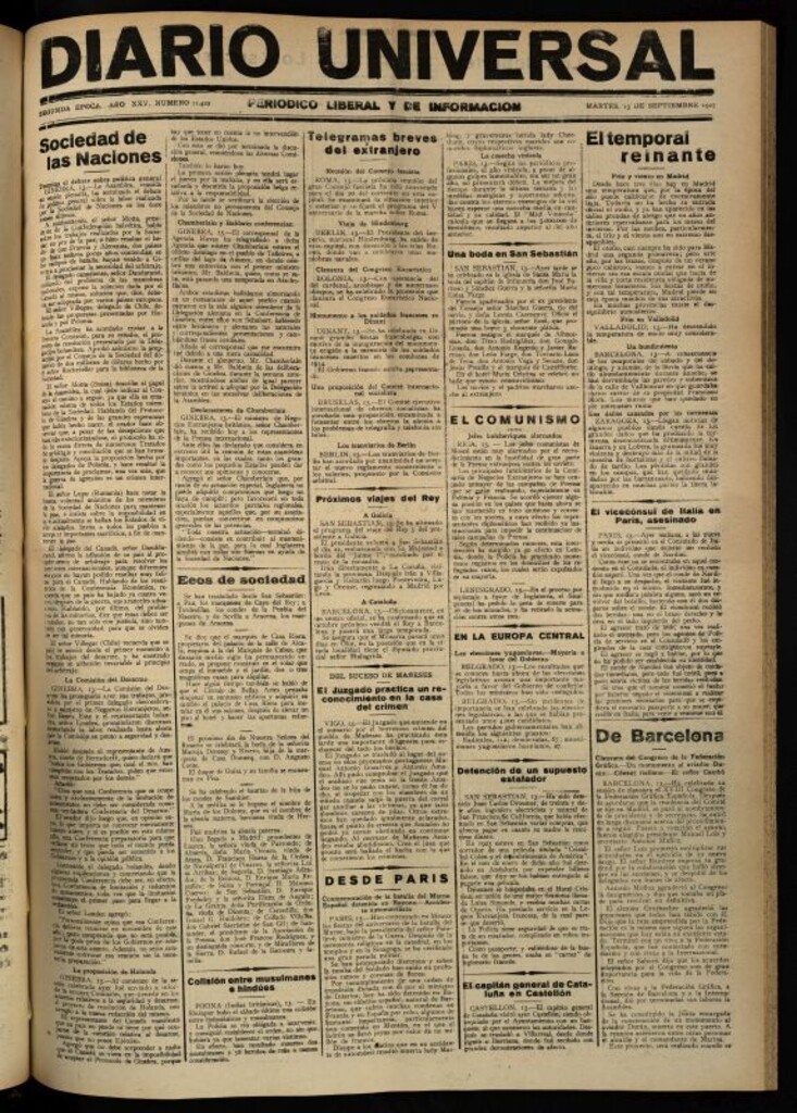 Miniatura de Diario Universal del 13 de septiembre de 1927