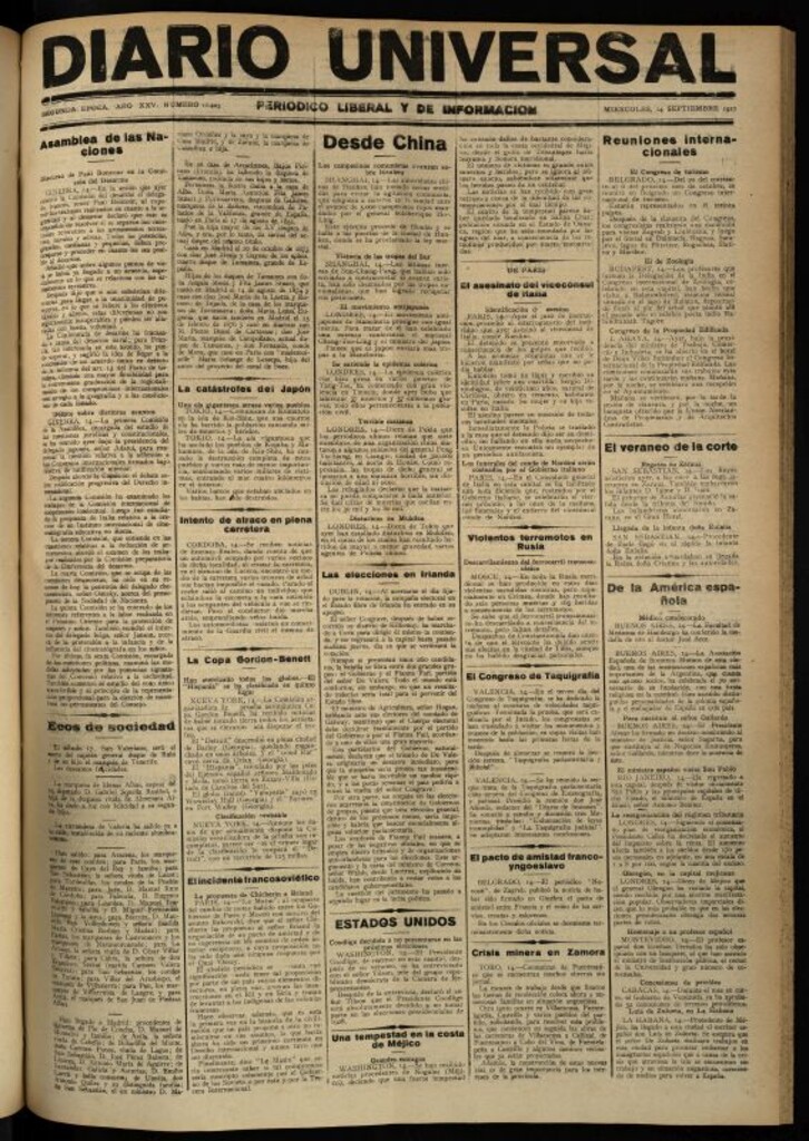 Miniatura de Diario Universal del 14 de septiembre de 1927