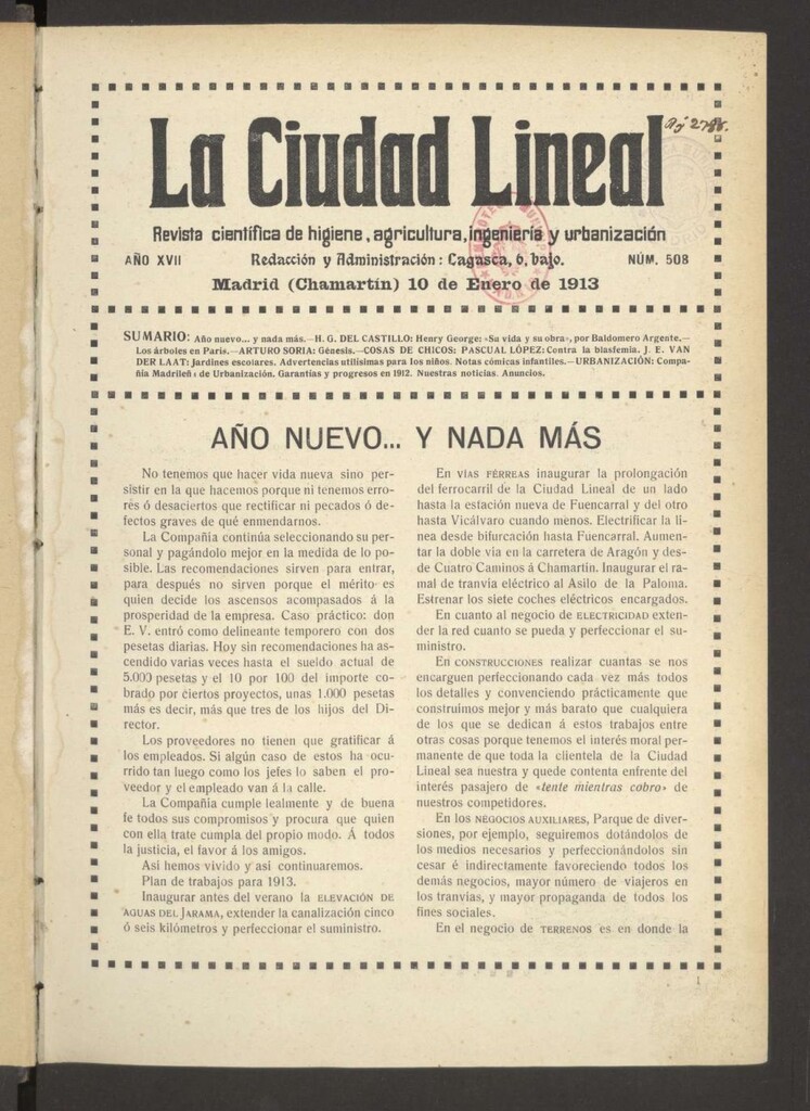 Miniatura de La Ciudad Lineal : órgano oficial de la Compañía Madrileña de Urbanización del 10 de enero de 1913