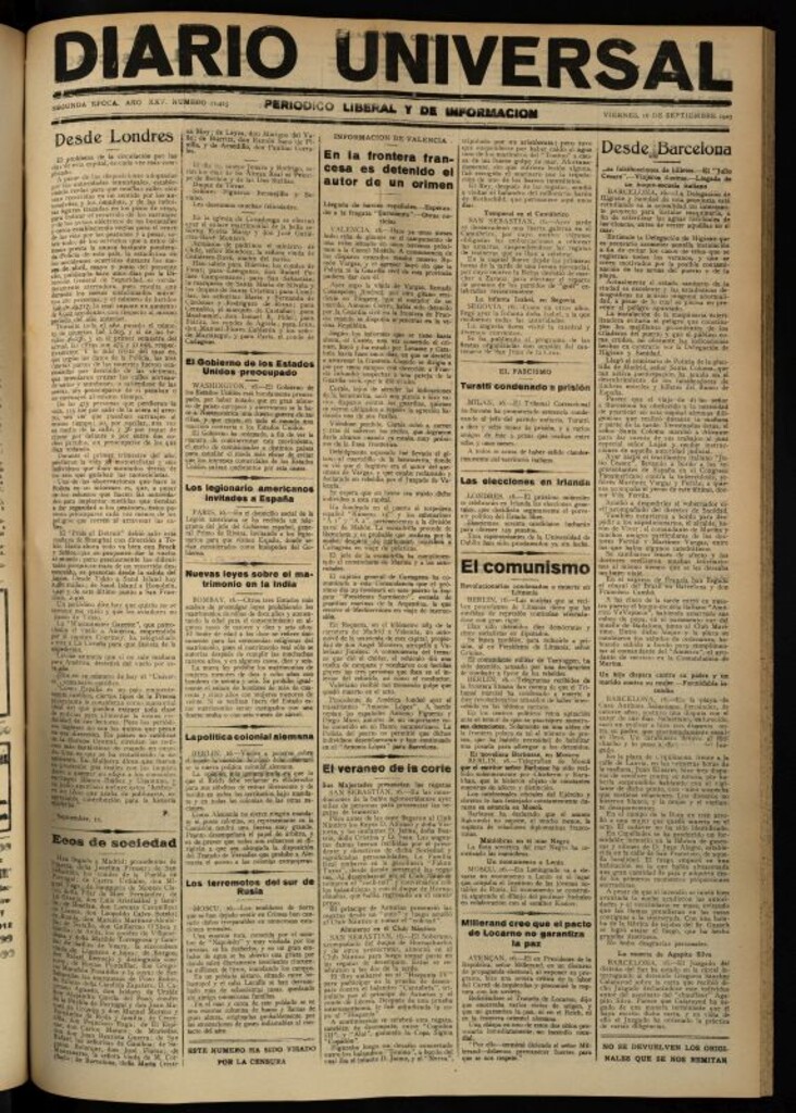 Miniatura de Diario Universal del 16 de septiembre de 1927