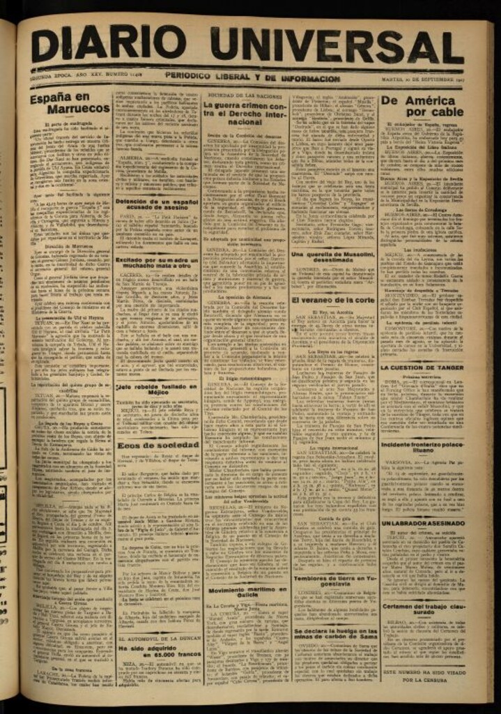 Miniatura de Diario Universal del 20 de septiembre de 1927