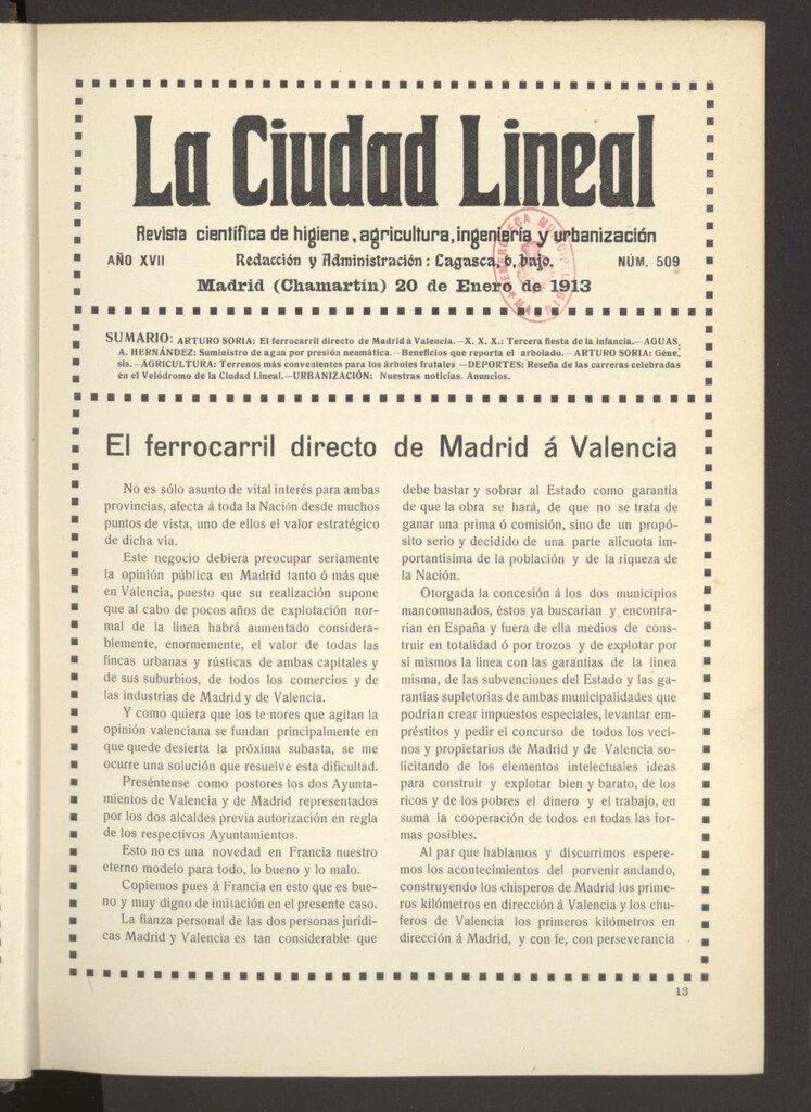 Miniatura de La Ciudad Lineal : órgano oficial de la Compañía Madrileña de Urbanización del 20 de enero de 1913