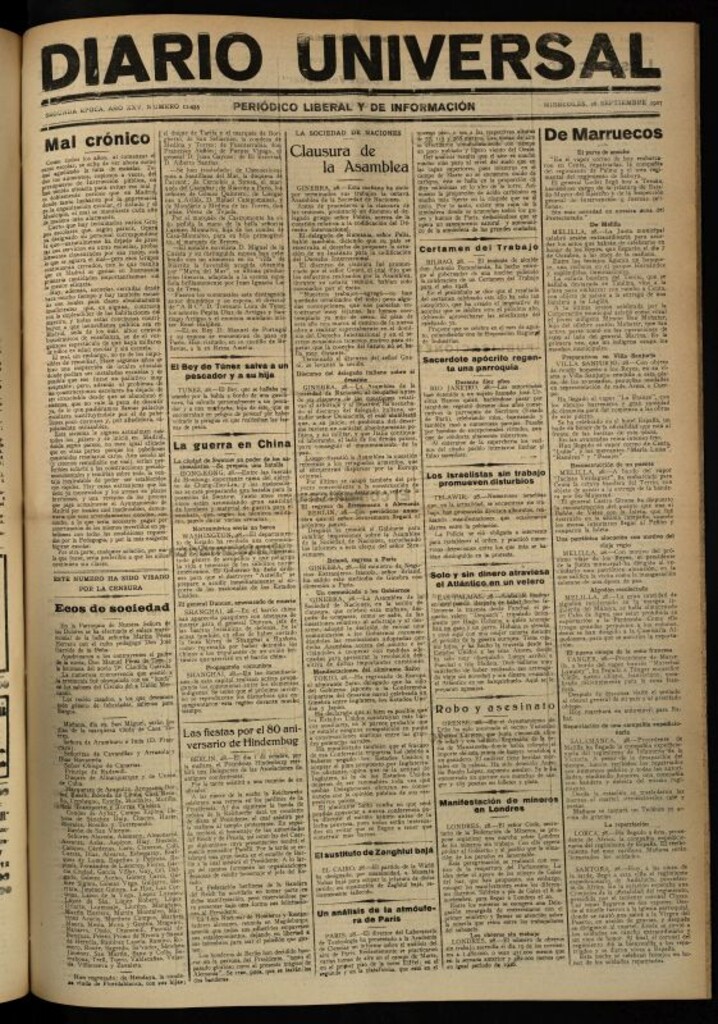 Miniatura de Diario Universal del 28 de septiembre de 1927