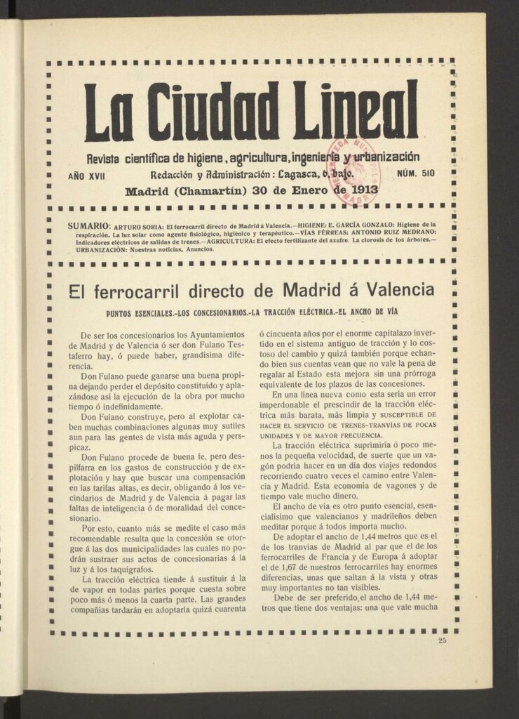 Miniatura de La Ciudad Lineal : órgano oficial de la Compañía Madrileña de Urbanización del 30 de enero de 1913
