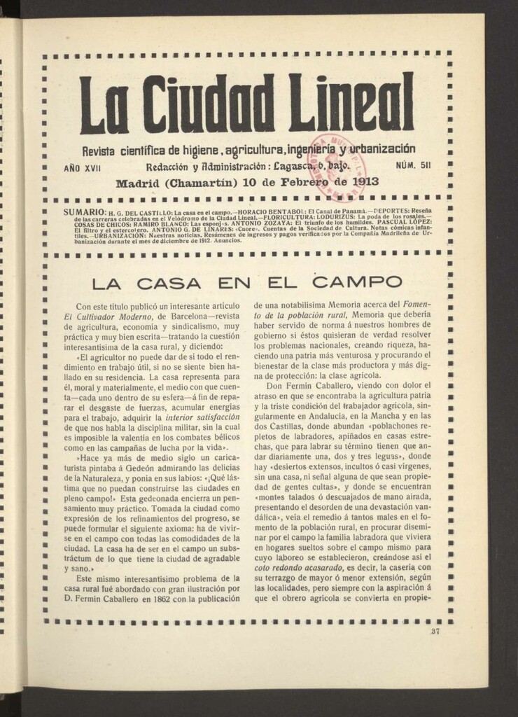 Miniatura de La Ciudad Lineal : órgano oficial de la Compañía Madrileña de Urbanización del 10 de febrero de 1913