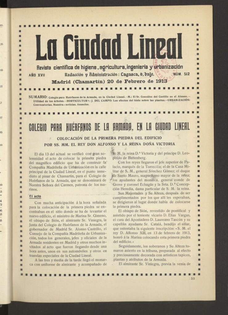 Miniatura de La Ciudad Lineal : órgano oficial de la Compañía Madrileña de Urbanización del 20 de febrero de 1913