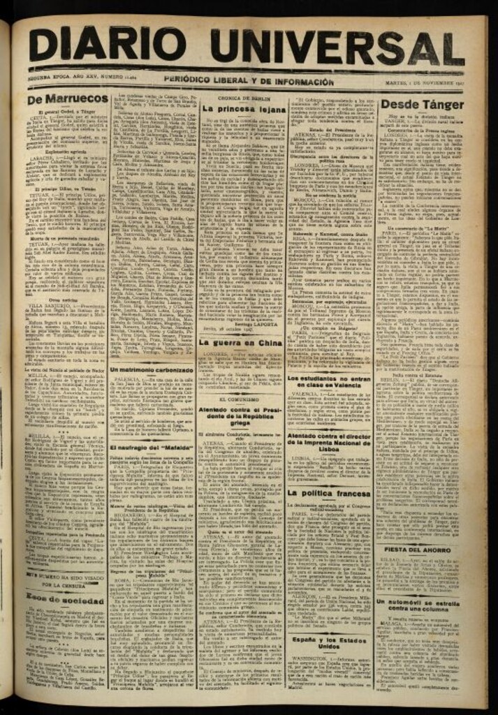 Miniatura de Diario Universal del 1 de noviembre de 1927