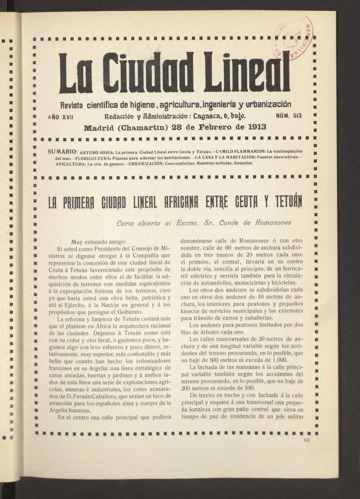 Miniatura de La Ciudad Lineal : órgano oficial de la Compañía Madrileña de Urbanización del 28 de febrero de 1913