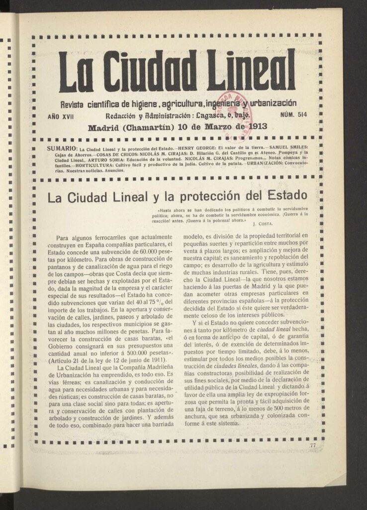 Miniatura de La Ciudad Lineal : órgano oficial de la Compañía Madrileña de Urbanización del 10 de marzo de 1913