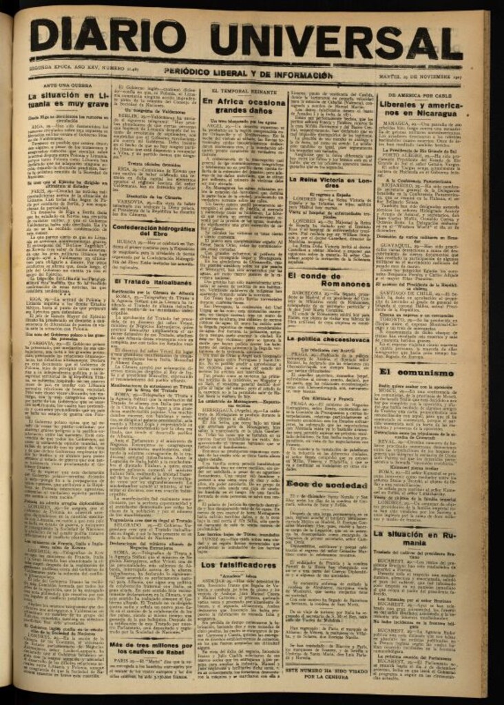 Miniatura de Diario Universal del 29 de noviembre de 1927