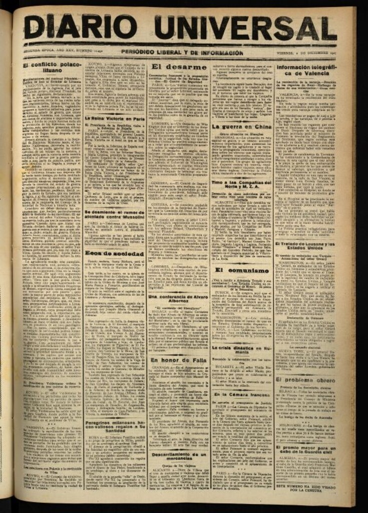 Miniatura de Diario Universal del 2 de diciembre de 1927