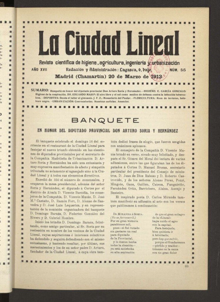 Miniatura de La Ciudad Lineal : órgano oficial de la Compañía Madrileña de Urbanización del 20 de marzo de 1913