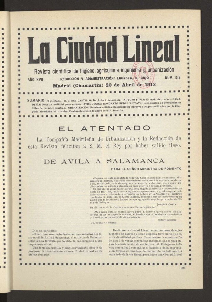 Miniatura de La Ciudad Lineal : órgano oficial de la Compañía Madrileña de Urbanización del 20 de abril de 1913
