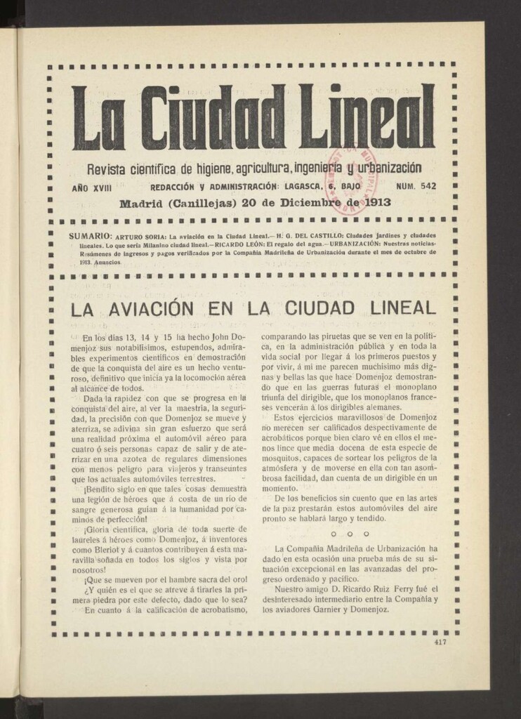 Miniatura de La Ciudad Lineal : órgano oficial de la Compañía Madrileña de Urbanización del 20 de diciembre de 1913
