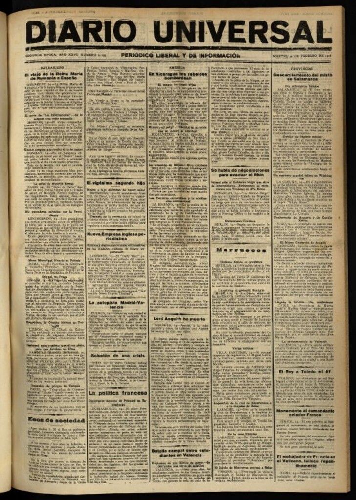 Miniatura de Diario Universal del 14 de febrero de 1928