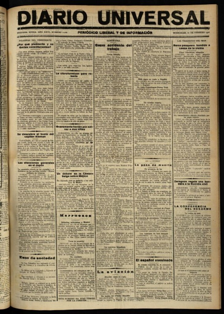 Miniatura de Diario Universal del 22 de febrero de 1928