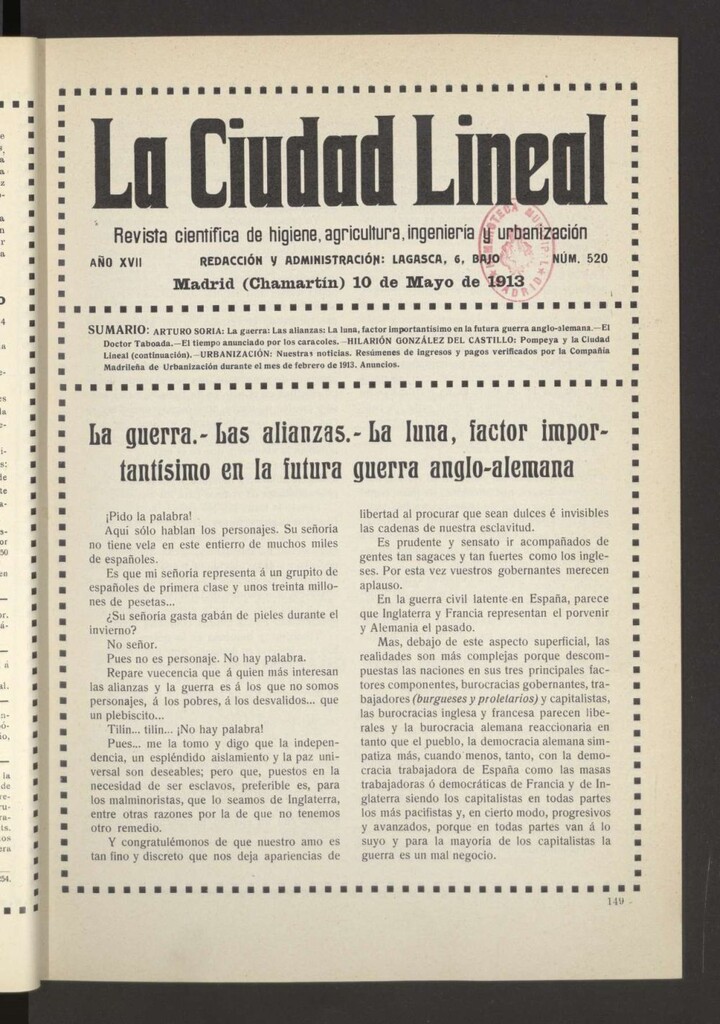 Miniatura de La Ciudad Lineal : órgano oficial de la Compañía Madrileña de Urbanización del 10 de mayo de 1913